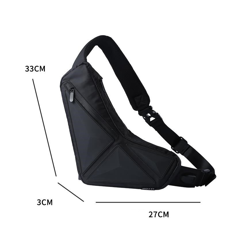 Black sling bag with measurements on a white background