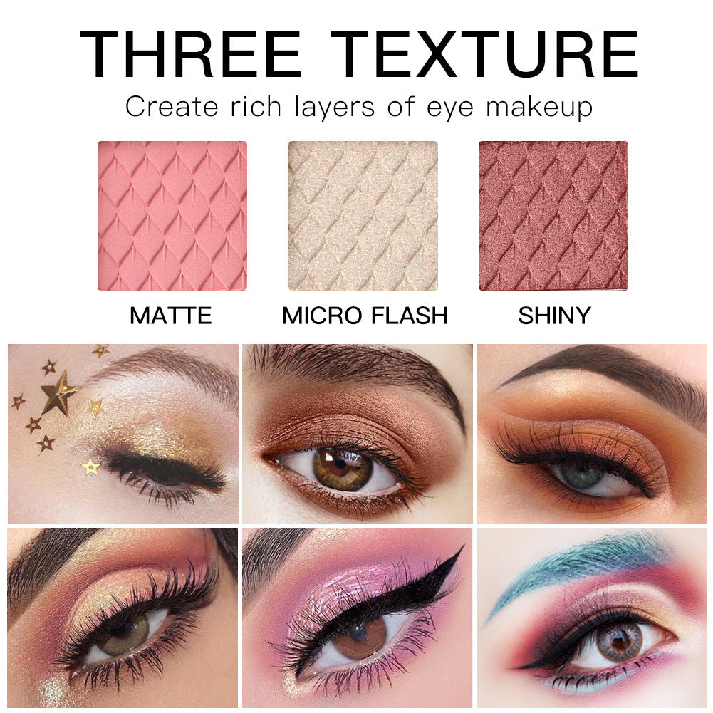 Three texture options for eye makeup with corresponding color swatches and eye makeup application.