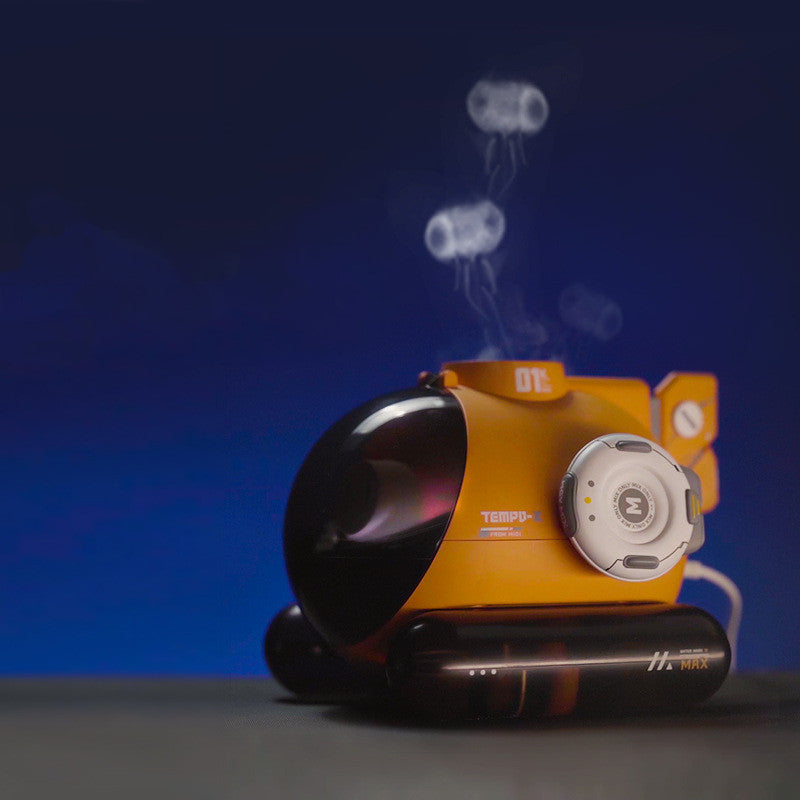 Yellow robot with smoke effect on a dark surface against a blue background