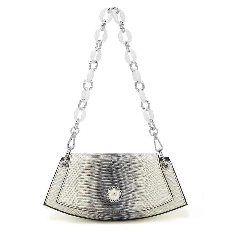 Silver handbag with a chain strap on a white background