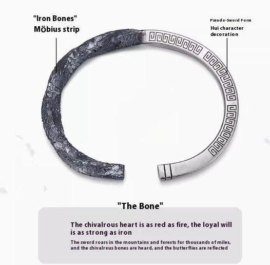 Bracelet with 'Iron Bones' Möbius strip and 'The Bone' text on a white background