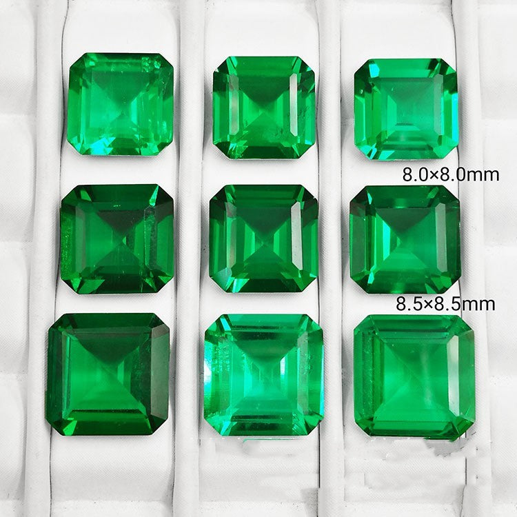 Green square-cut gemstones on a white background with size labels.