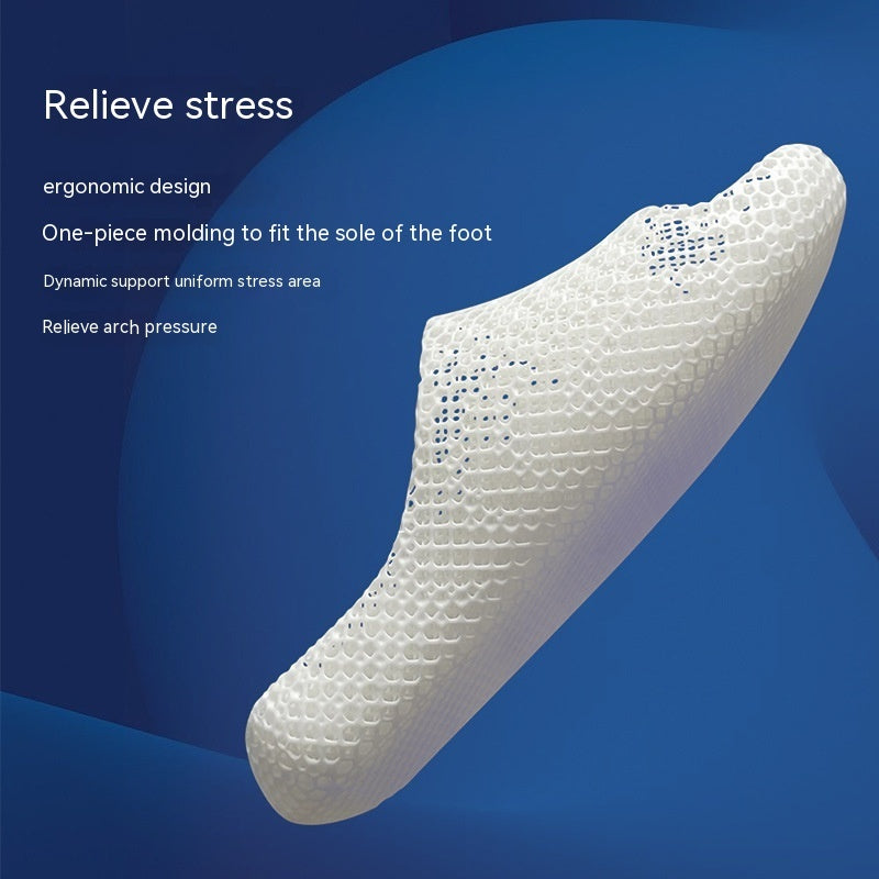 Ergonomic foot support insert with text on a blue background