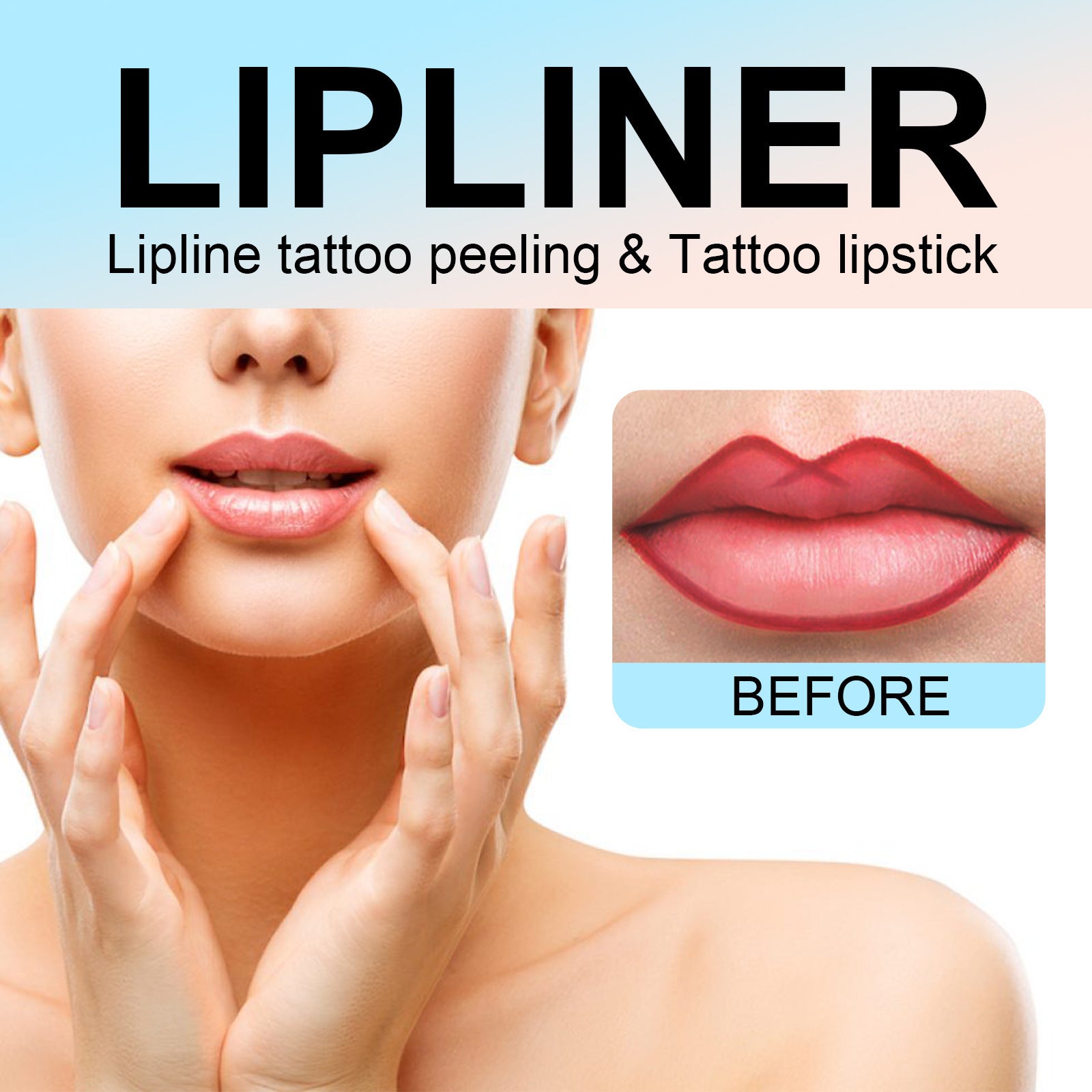 Advertisement for lipliner with a close-up of lips and text about lipline tattoo peeling and tattoo lipstick.