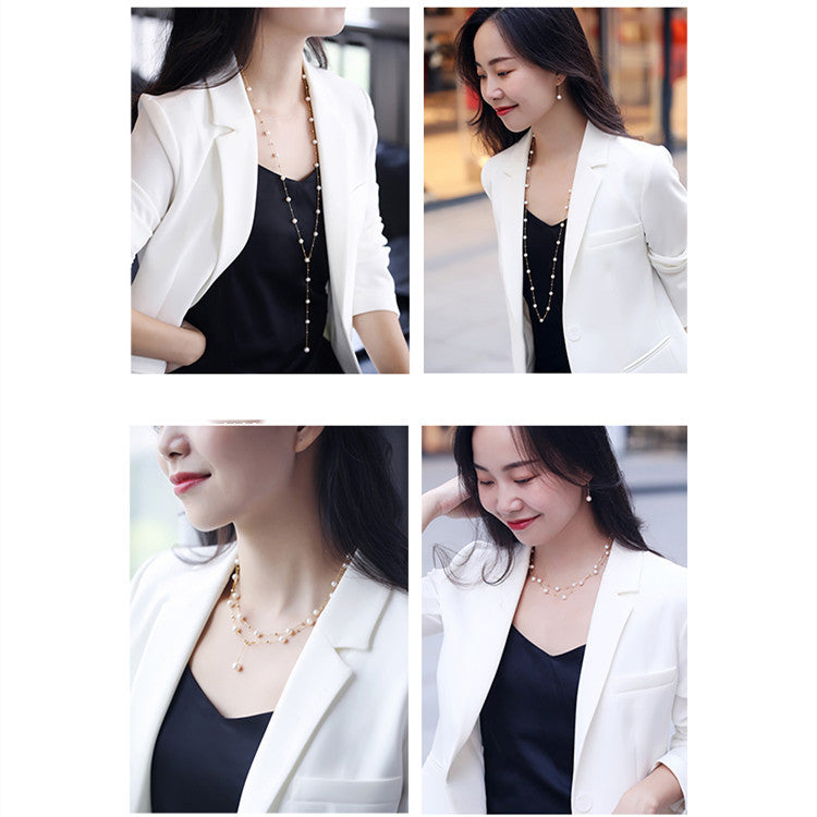 Woman wearing a white blazer and black top with a necklace, shown from different angles.