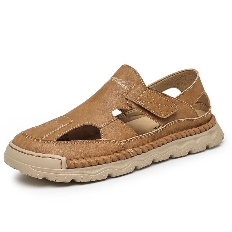 Tan sandal with a strap on a white background