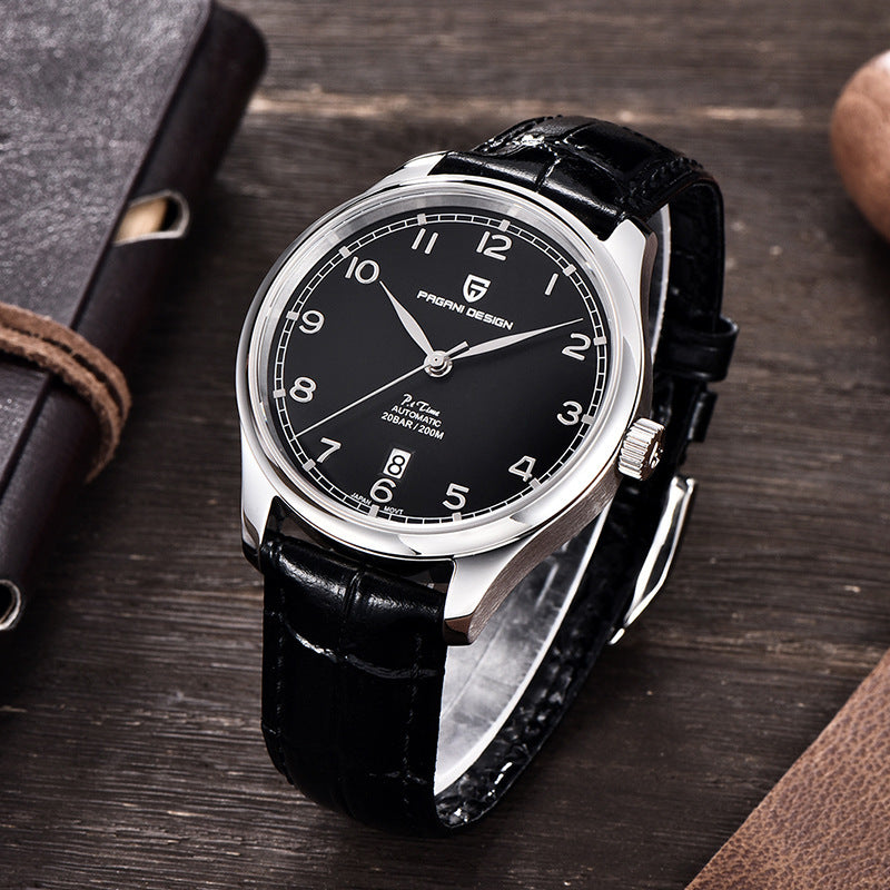 Black wristwatch with leather strap on a wooden surface