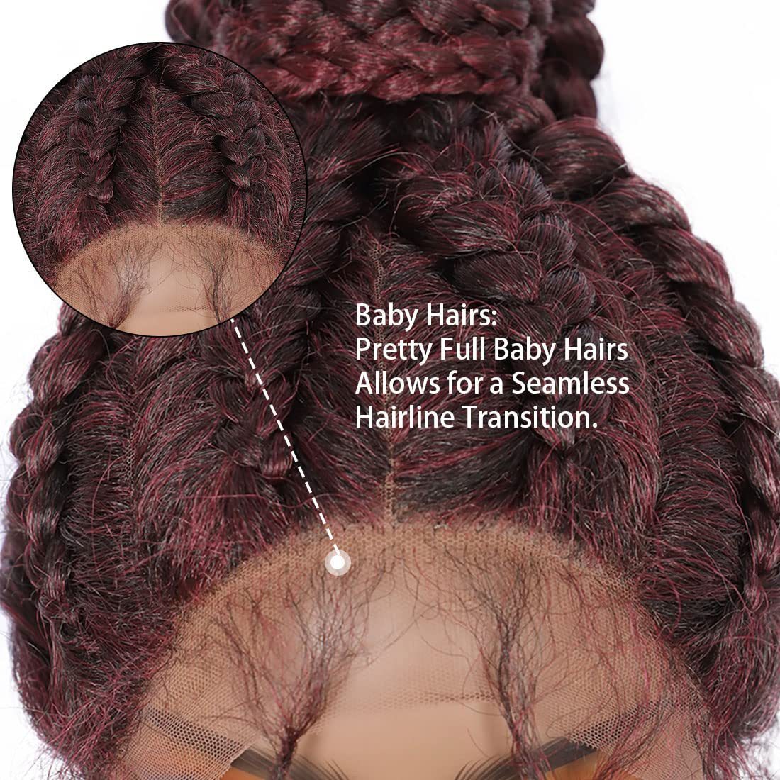 Close-up of a braided wig with baby hairs and text highlighting the feature.