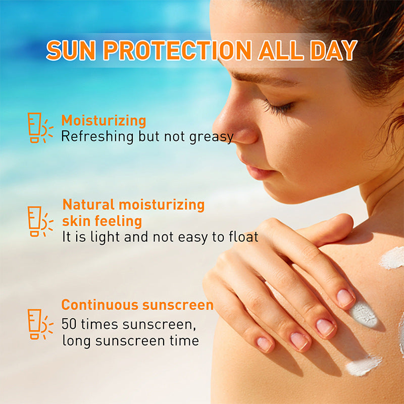 Woman applying sunscreen with text highlighting sun protection features.