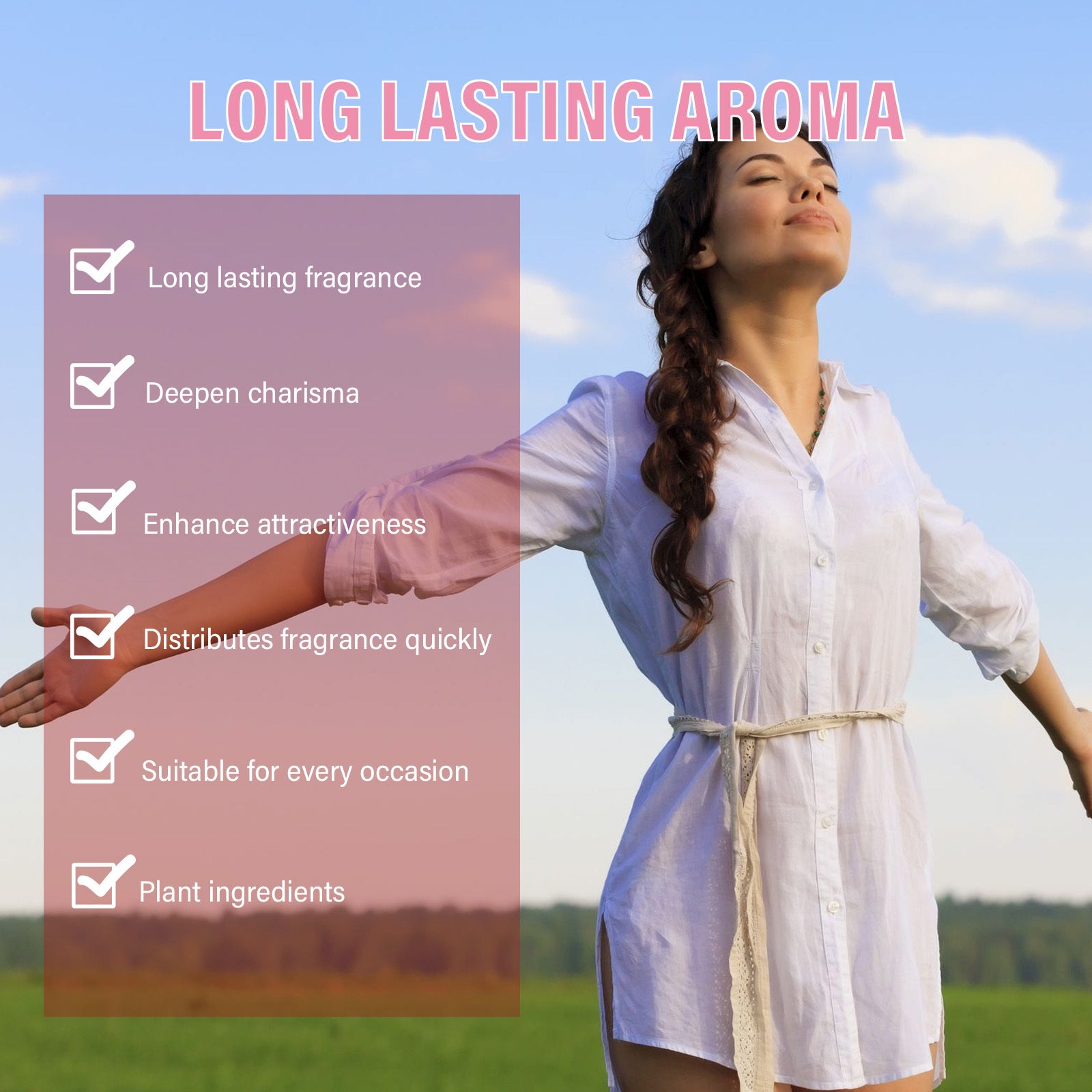 Woman standing outdoors with a list of product features on a pink overlay
