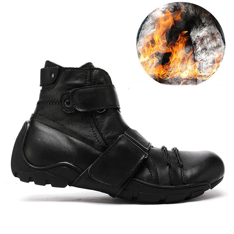 Black leather boot with flame graphic on a white background