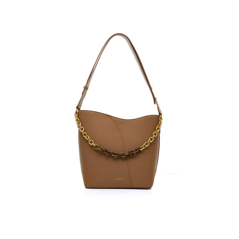 Brown handbag with a gold chain detail on a white background
