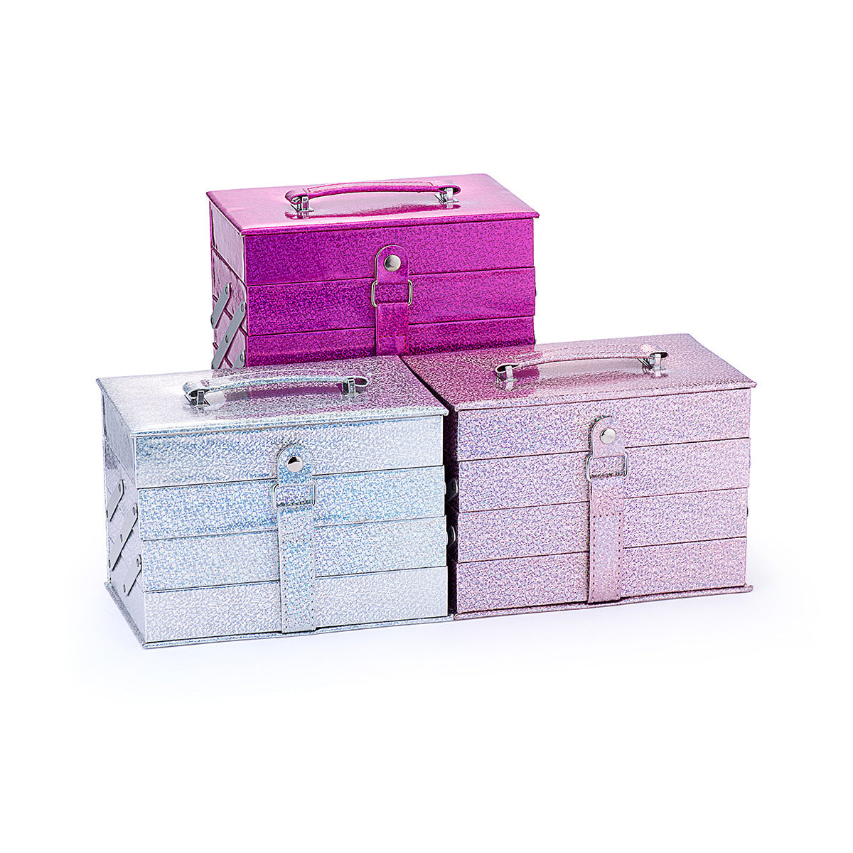 Set of glittery jewelry boxes in pink, silver, and purple on a white background