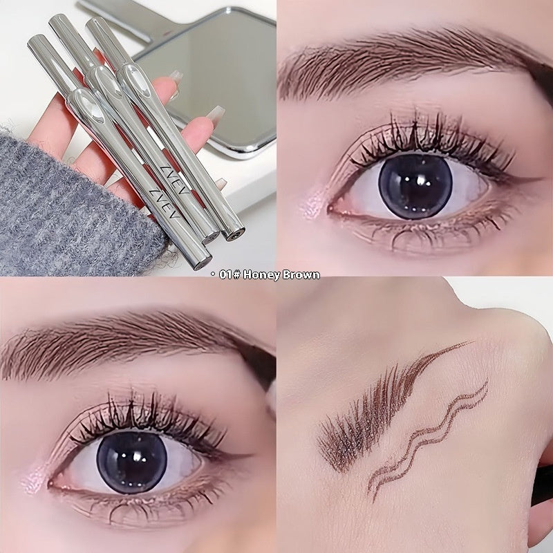 Eyebrow pencil with close-up shots of application on eyes and eyebrows.