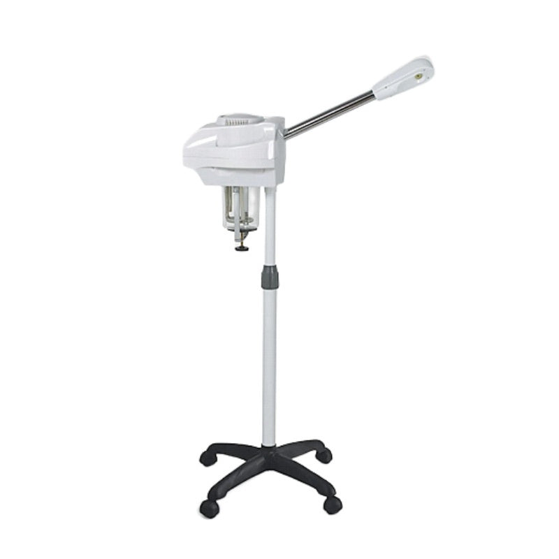 White salon hair dryer on a stand with black wheels against a white background
