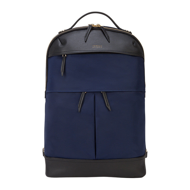 Navy blue backpack with black accents on a white background