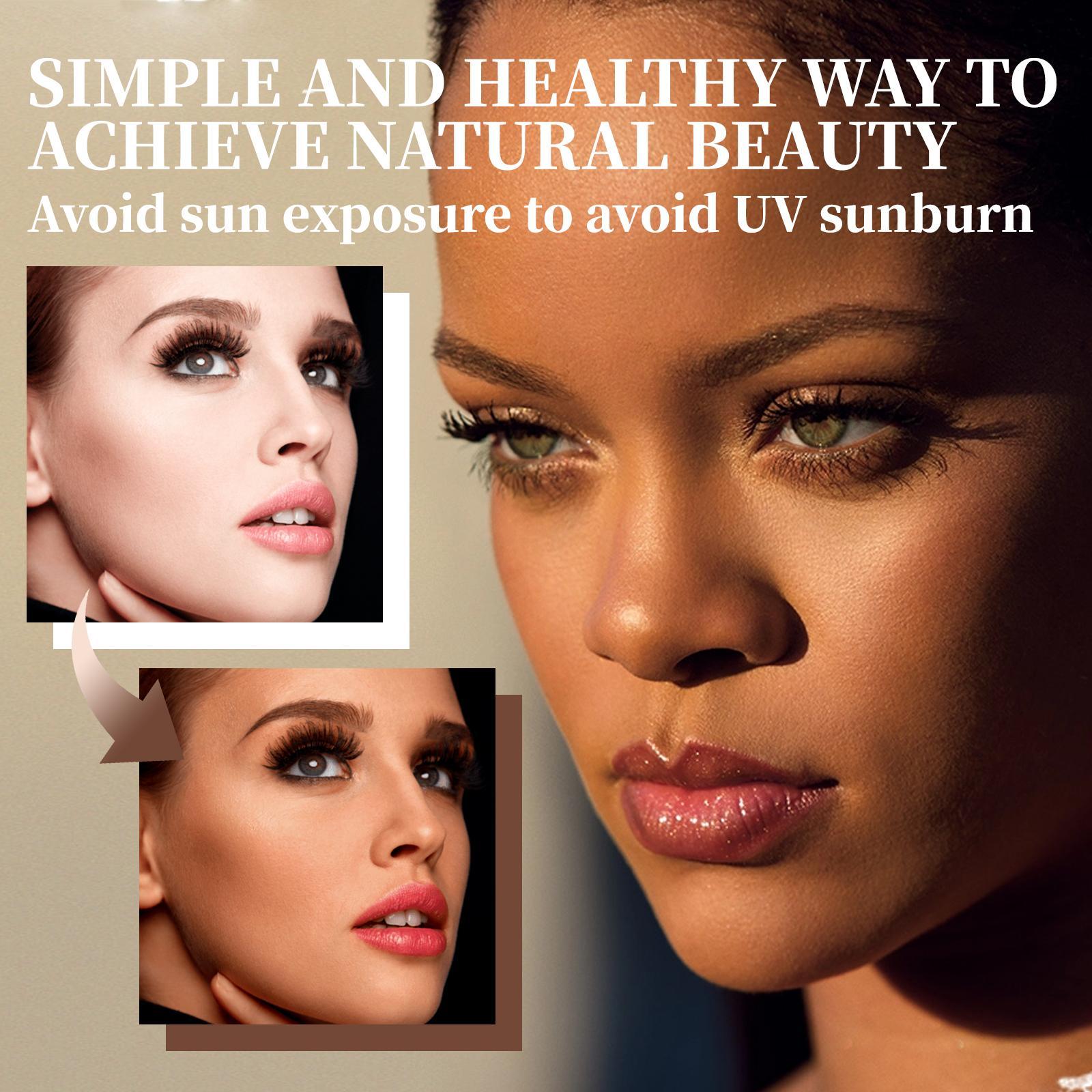Advertisement for natural beauty with close-up of a woman's face and text about avoiding sun exposure.