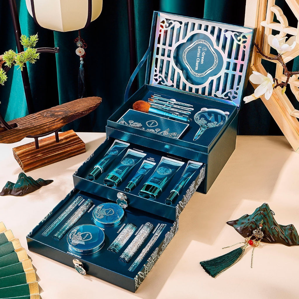 Blue cosmetic set in an open box on a decorative table