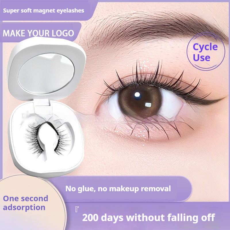 Super soft magnet eyelashes with packaging and an eye wearing them, on a light pink background.