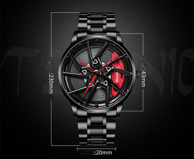 Black wristwatch with red accents and detailed design on a dark background