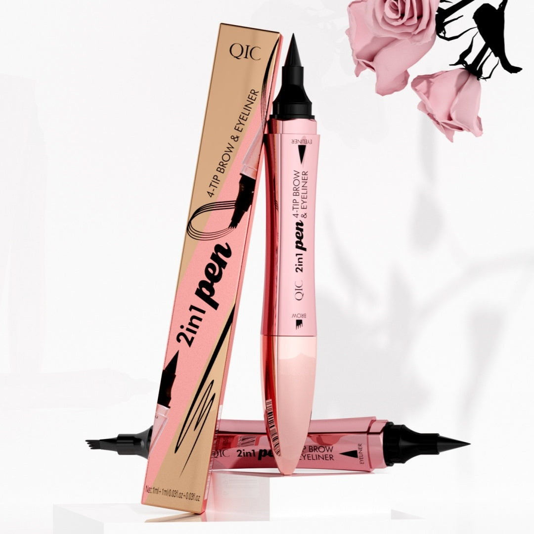 QIC 2in1 pen with packaging on a white background with pink roses.
