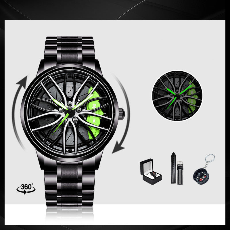 Black wristwatch with green accents, packaging, and keychain on a white background