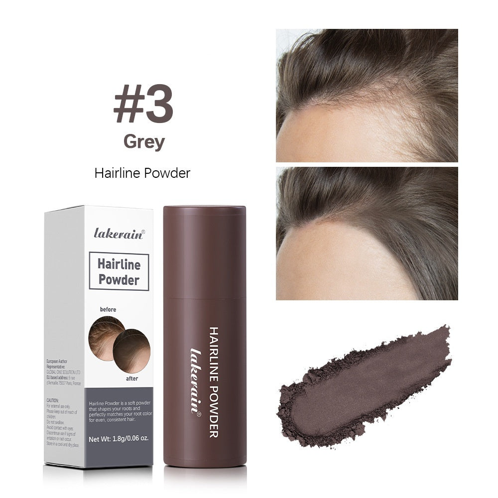 Hairline powder product with packaging, application on hairline, and swatch.