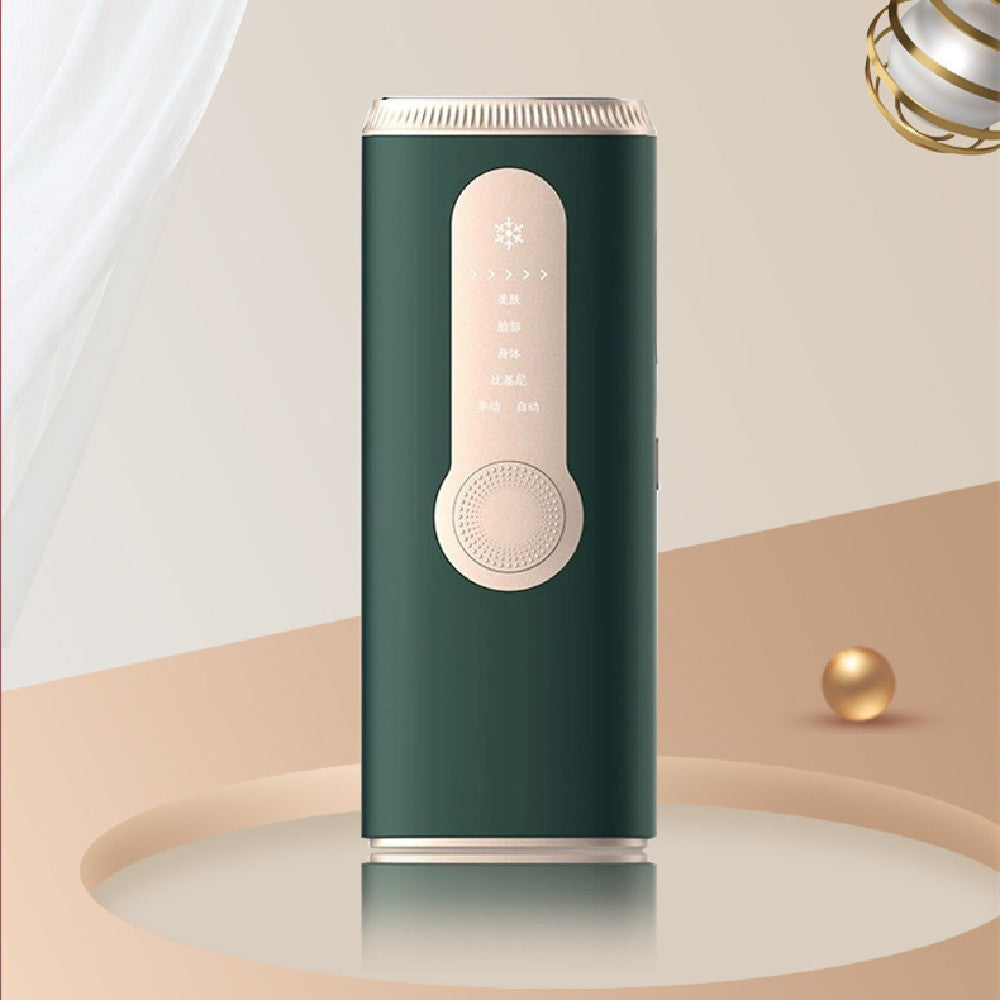 Green electronic device with a beige circular button on a beige background