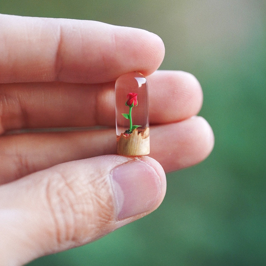 Hand holding a small transparent container with a miniature red rose inside, against a blurred green background.