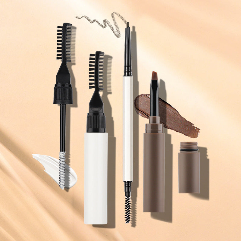 Collection of eyebrow grooming products on a beige background