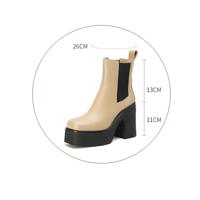 Beige ankle boot with black sole and measurements on a white background