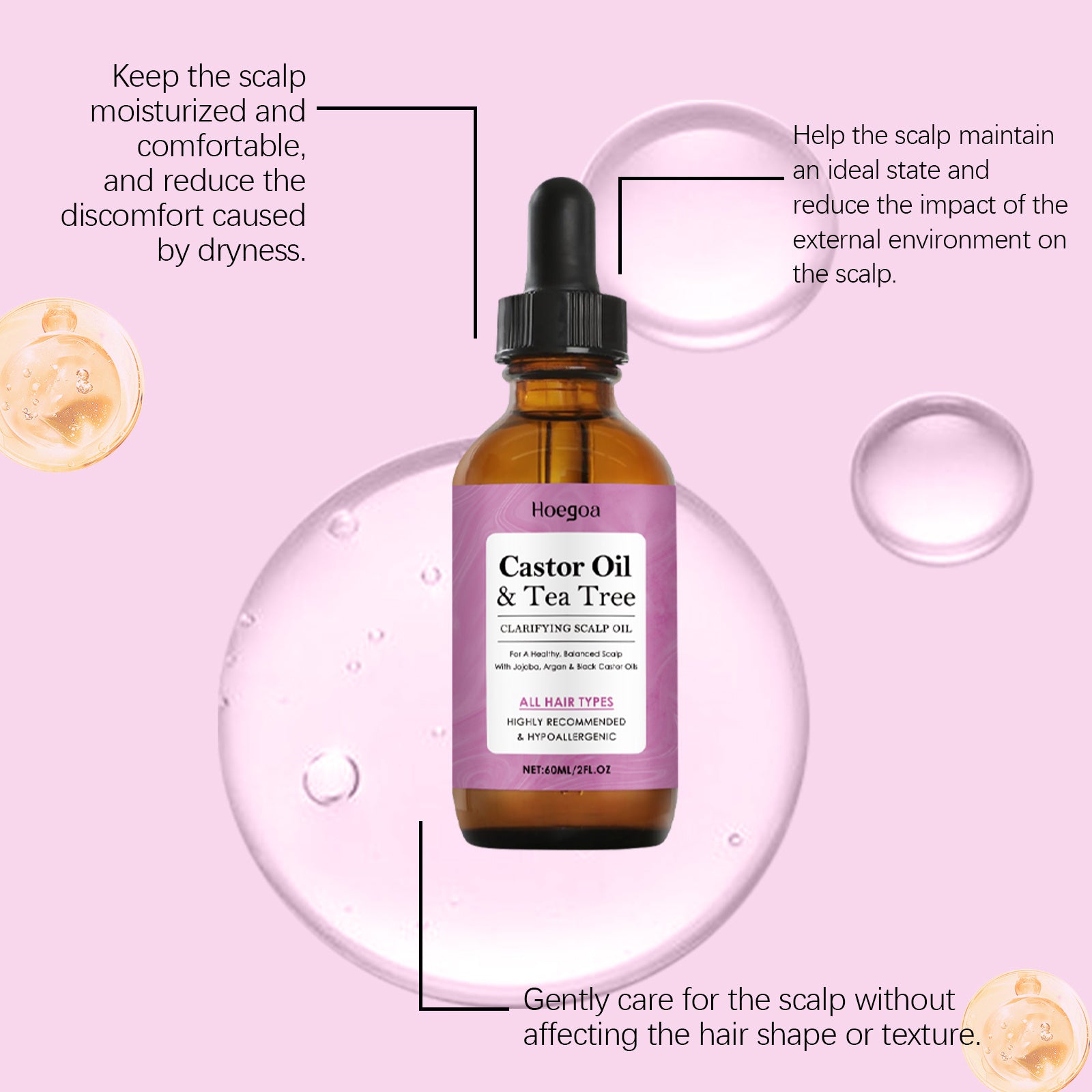 Hoegaas Castor Oil & Tea Tree oil bottle on a pink background with text about scalp care.