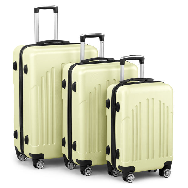 Set of three cream-colored suitcases with black handles and wheels on a white background