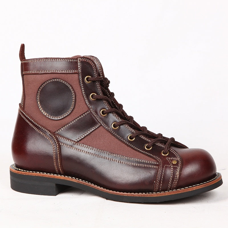 Brown leather boot with a white background