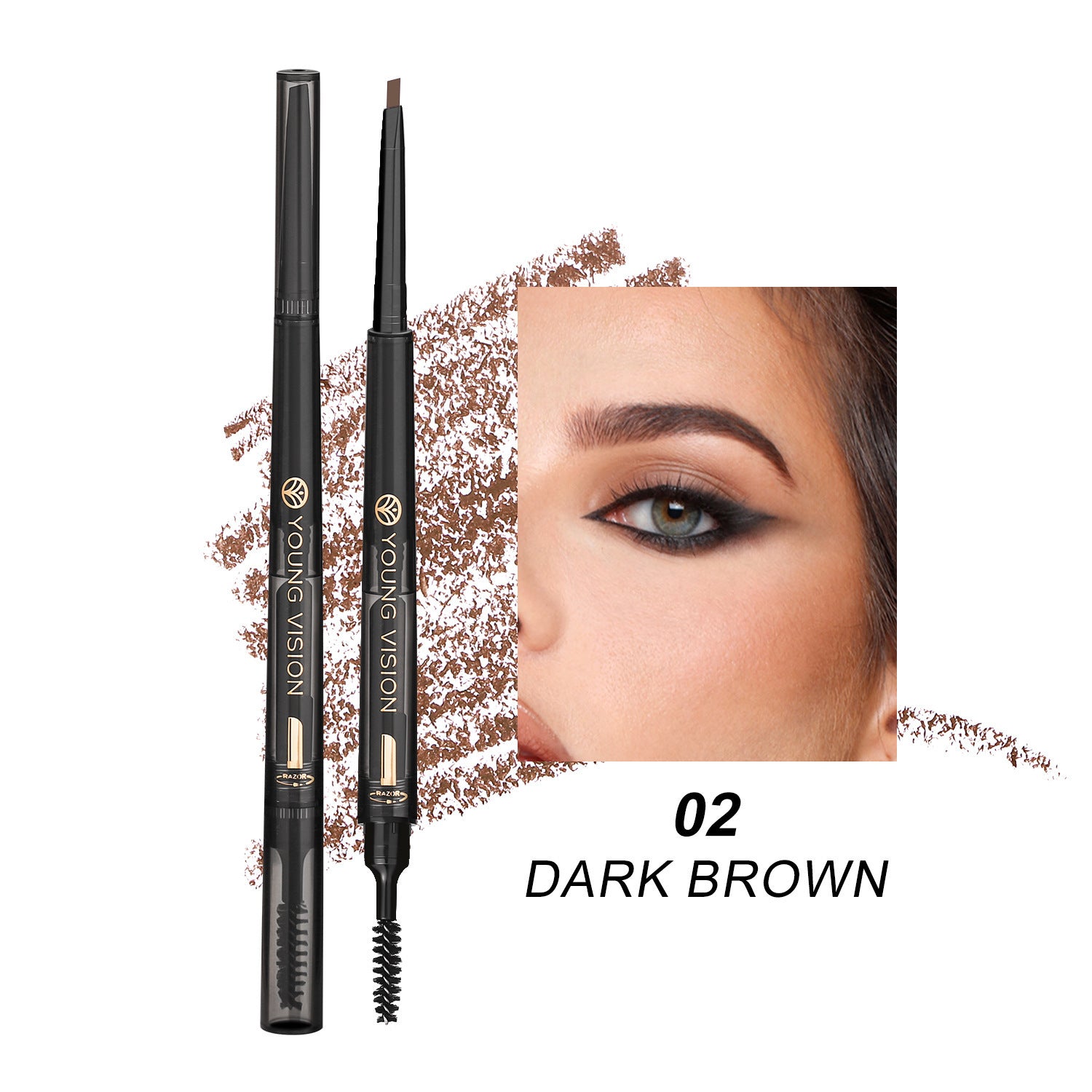 Eyebrow pencil with application on a person's eyebrow, labeled '02 Dark Brown'.