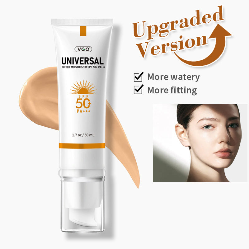 VGO Universal sunscreen tube with a close-up of a woman's face, labeled 'Upgraded Version'.