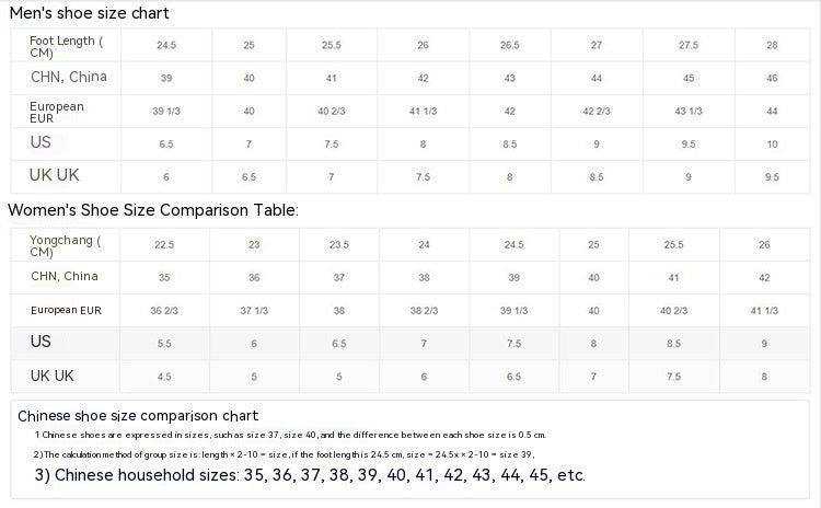 Shoe size chart comparing men's, women's, and Chinese shoe sizes.
