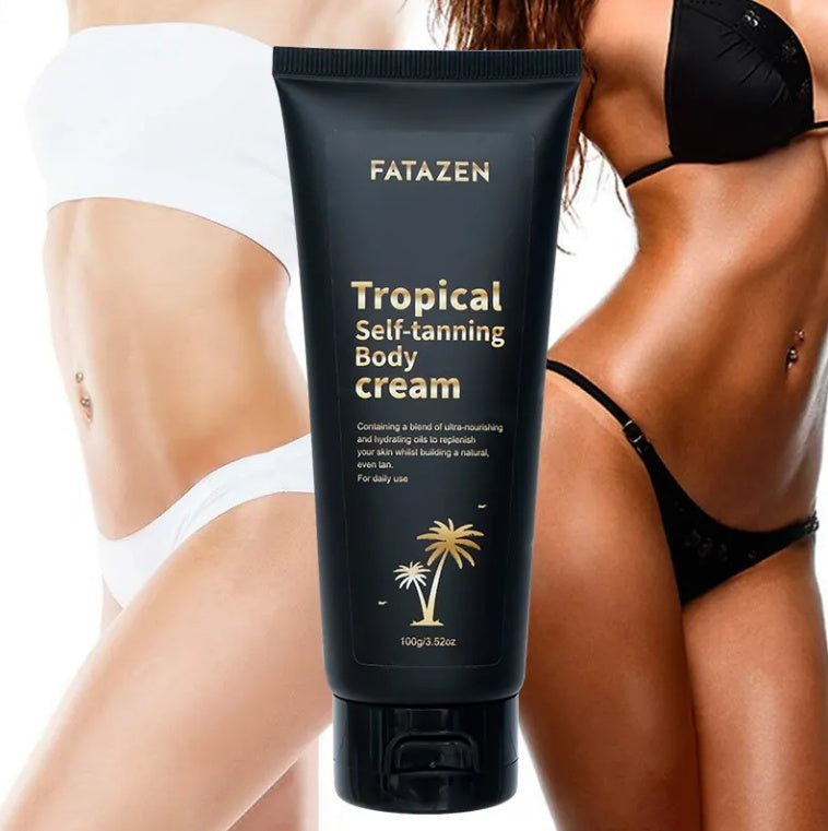 Fatazen Tropical Self-tanning Body Cream with a person in black and white underwear in the background