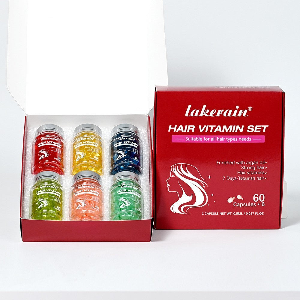 Lakerain hair vitamin set with colorful capsules and red box on a white background