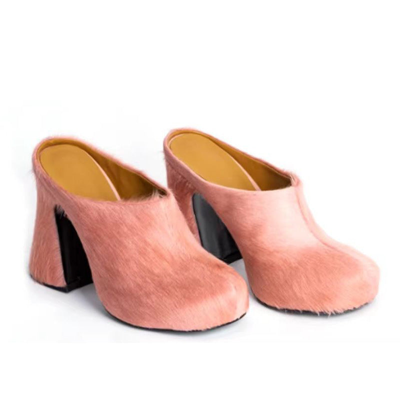 Waterproof Horsehair Chunky Heel Slippers, Sizes 34-43