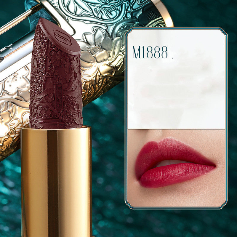 Lipstick with decorative case and color swatch on a textured background