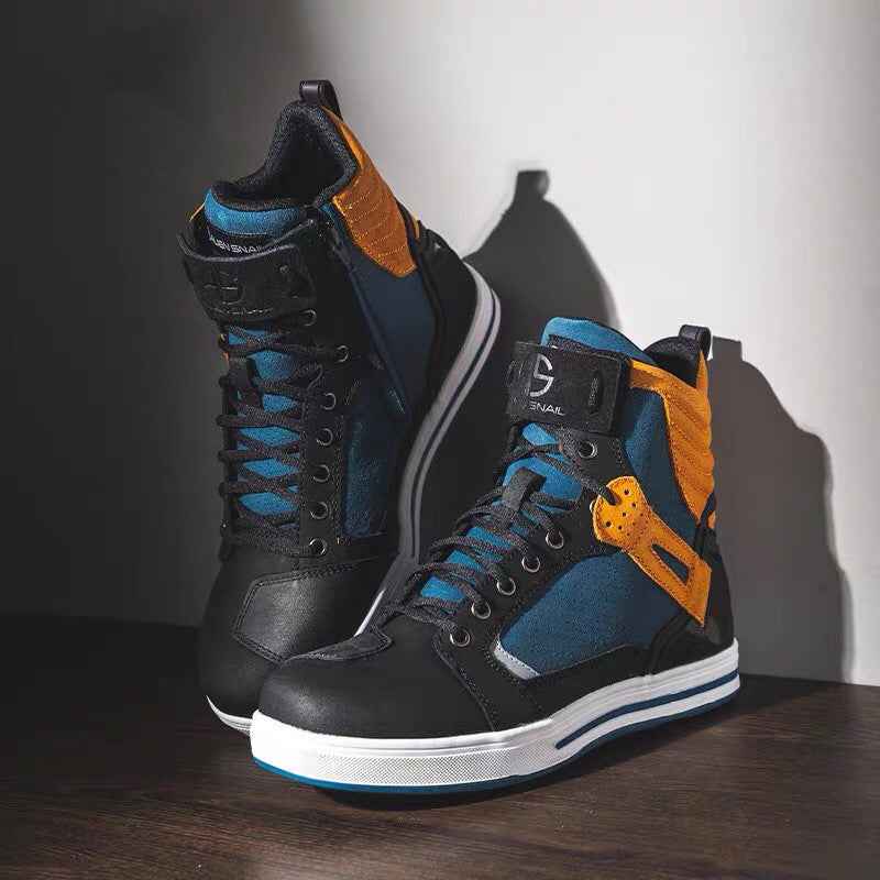 Black high-top sneakers with blue and orange accents on a dark surface.