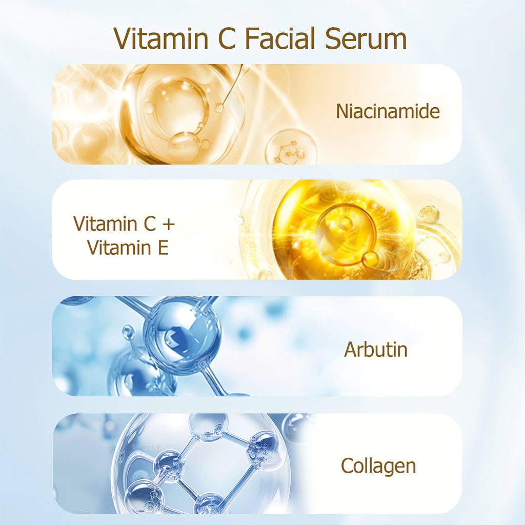 Vitamin C facial serum ingredients with molecular structures on a light blue background