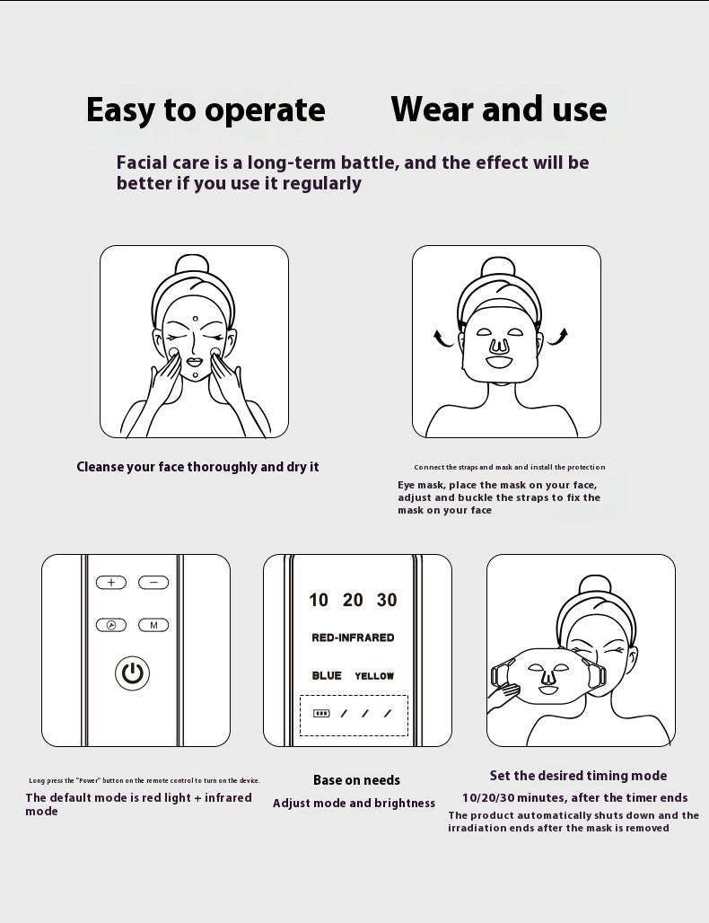 Instructions for using a facial care device with icons and text on a white background