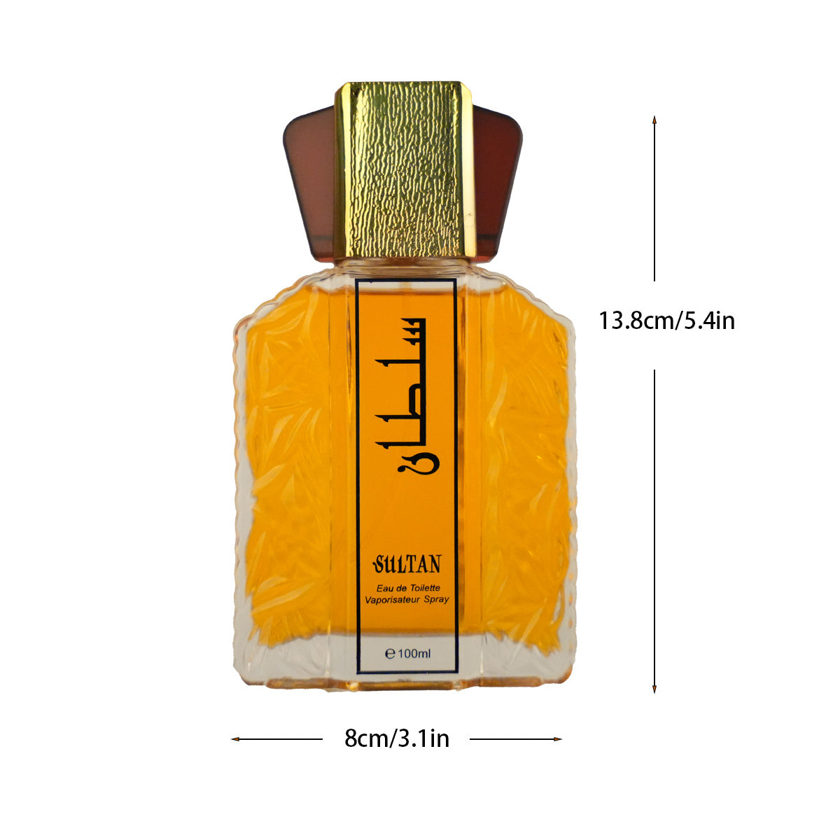 Perfume bottle with dimensions indicated on a white background