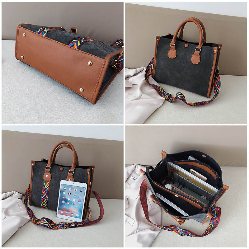 Collage of a black handbag with brown accents and colorful strap on a neutral background.