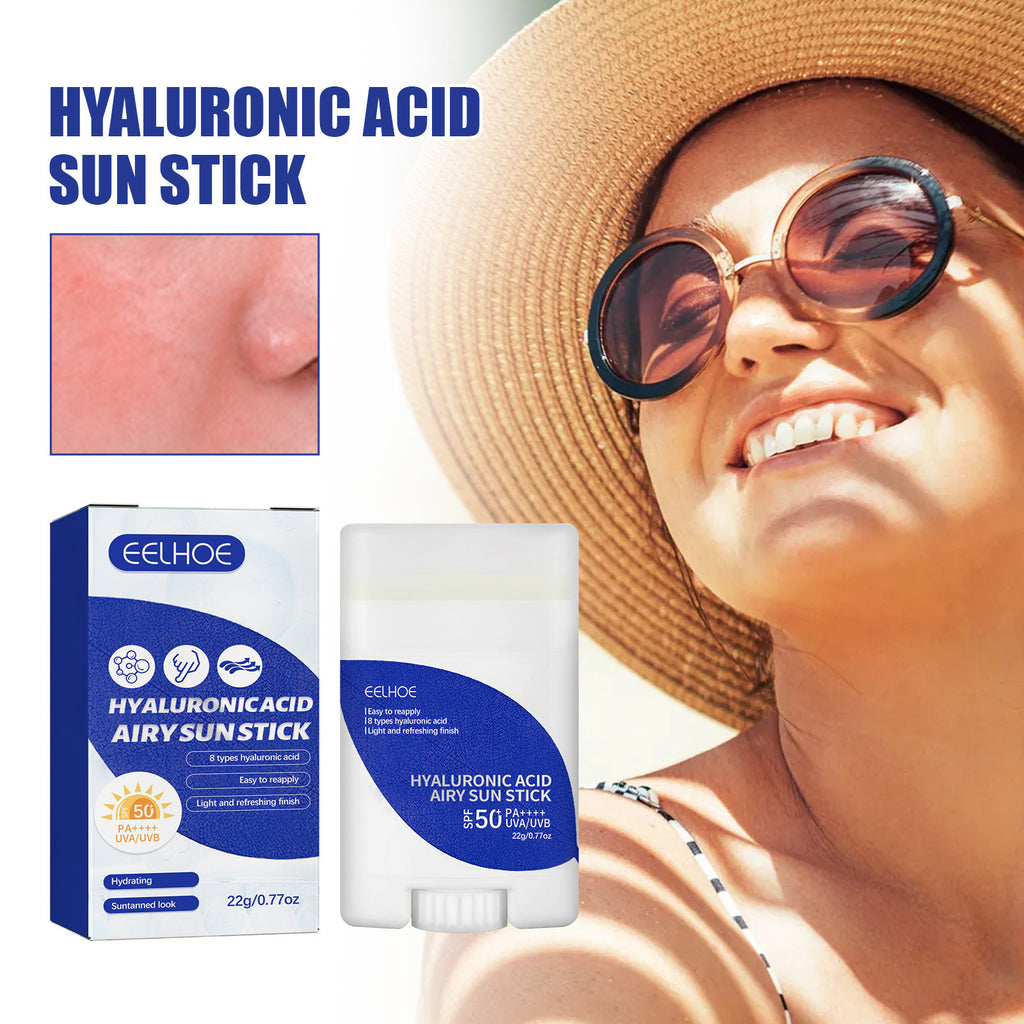 Eelhoe Hyaluronic Acid Sun Stick packaging with a woman applying it outdoors.