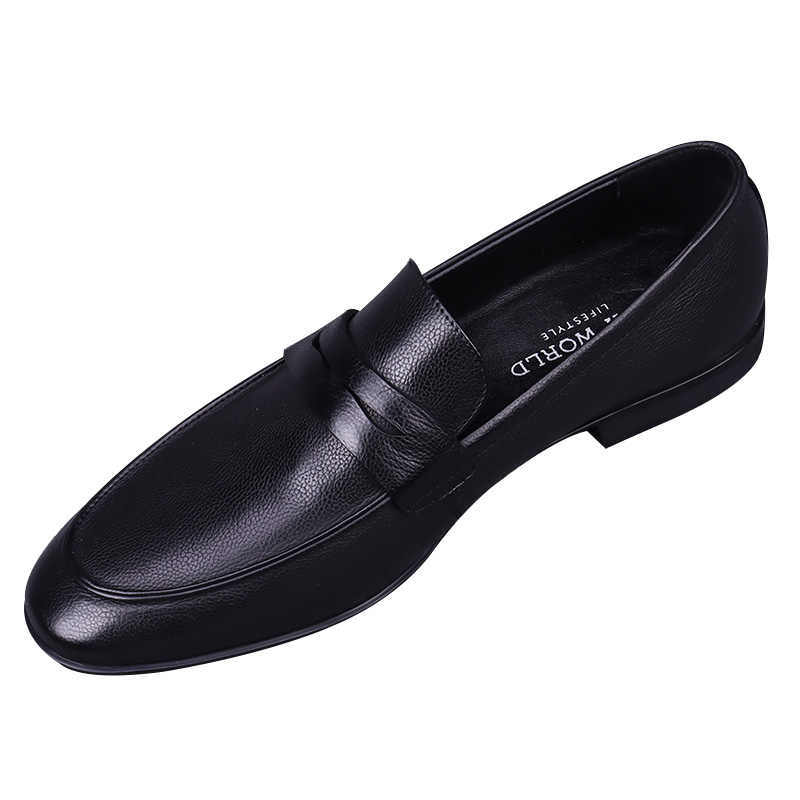 Black leather loafer shoe on a white background