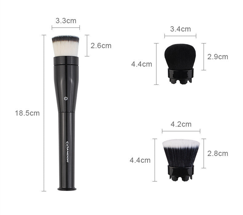 Measurement chart of a makeup brush set with dimensions labeled.