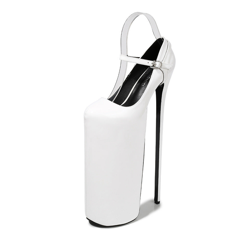 White high-heeled shoe with a thin strap on a white background